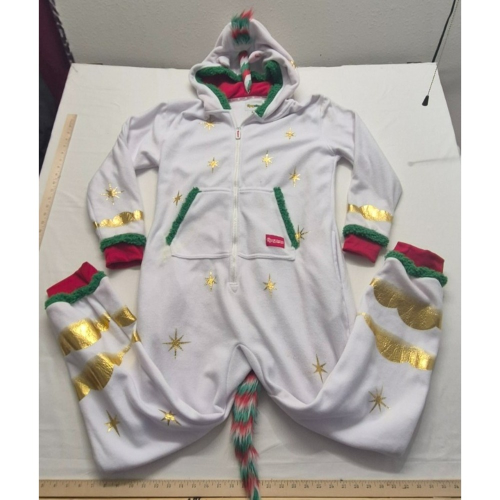 Tispy Elf women's white Christmas hooded‎ unicorn one piece pajama festive LG